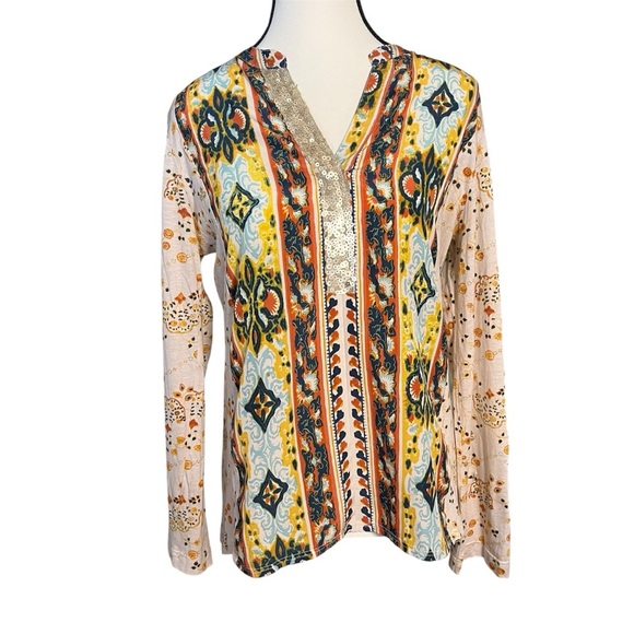 TINY Anthropologie Gold Sequin Mixed Media Boho Top Blouse Women’s Size Small - Picture 1 of 10